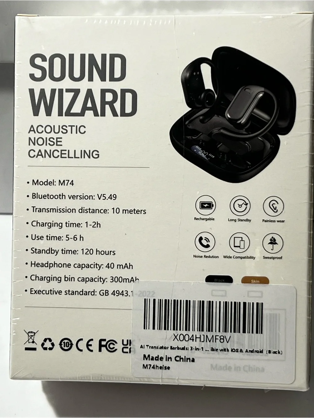 Sound Wizard M74 Wireless Bluetooth Earbuds Noise Cancelling AI Translator Black
